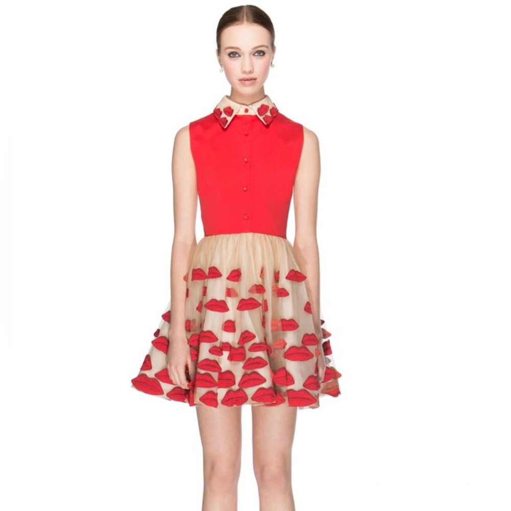 ♥️ Alice and Olivia “Pout Lip-Embroidered Pouf Dress”